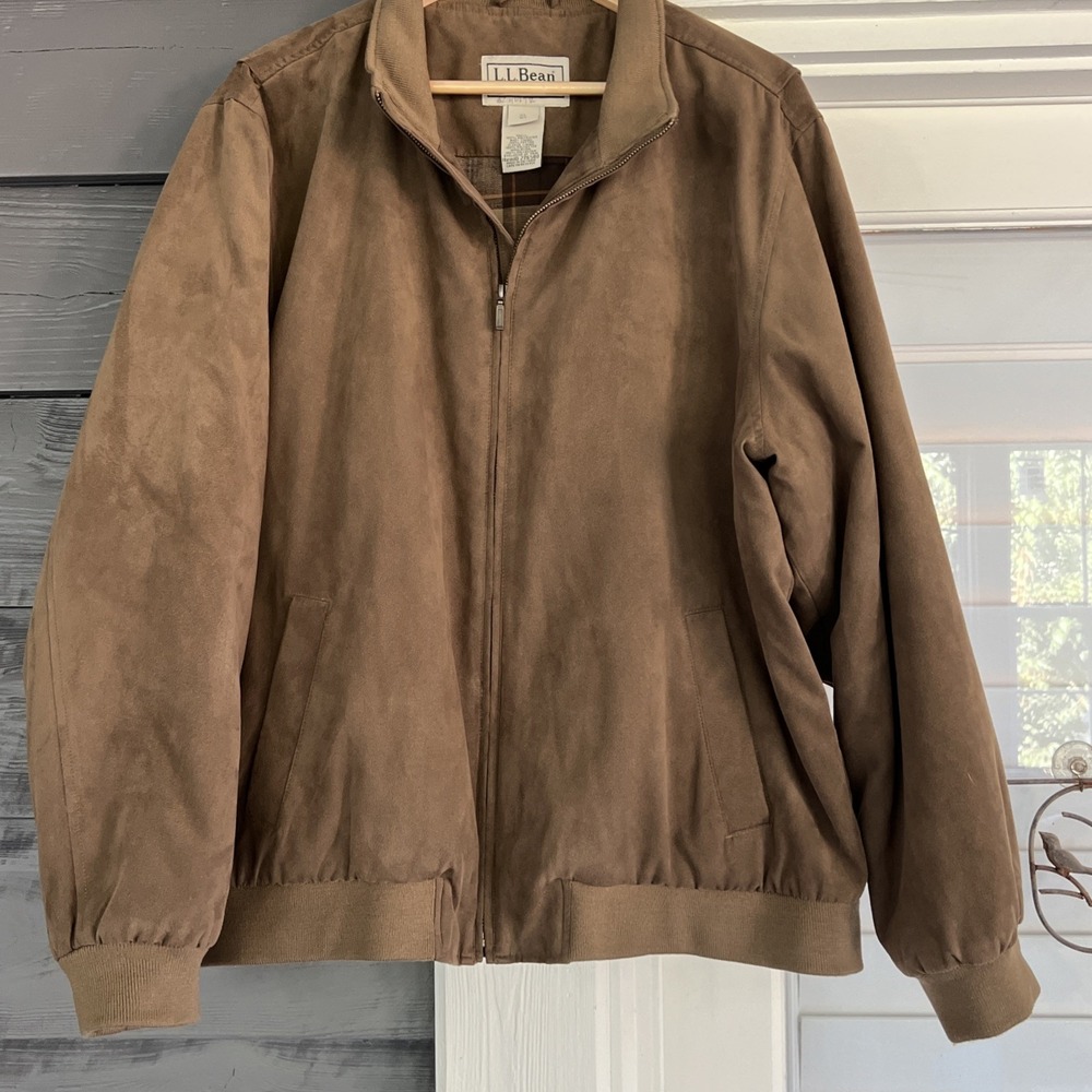 LL Bean Faux Suede Bomber Jacket Men XL Brown Thinsulate Plaid Lined Gorpcore